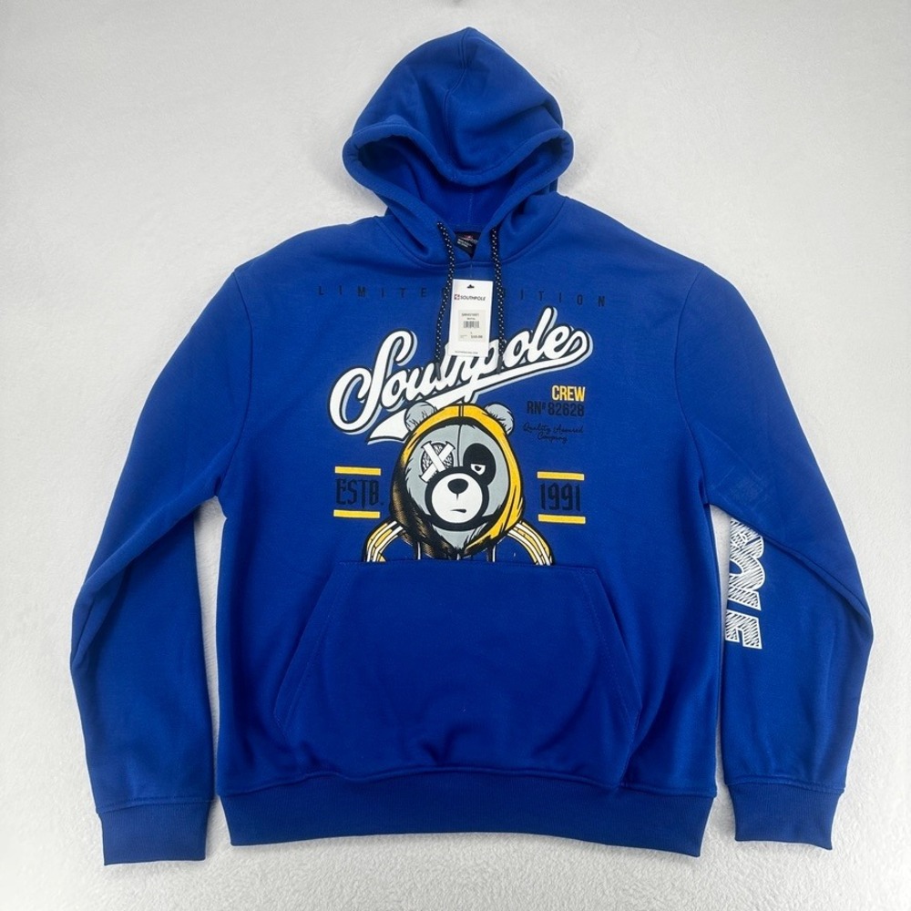 Southpole Royal Blue Graphic Hoodie Bear Logo Crew Size L NWT